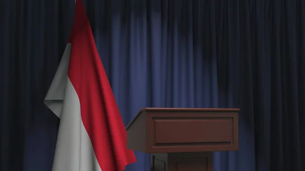 Bandera de Indonesia y tribuna altavoz podium. Evento político o declaración relacionada con la representación conceptual 3D —  Fotos de Stock
