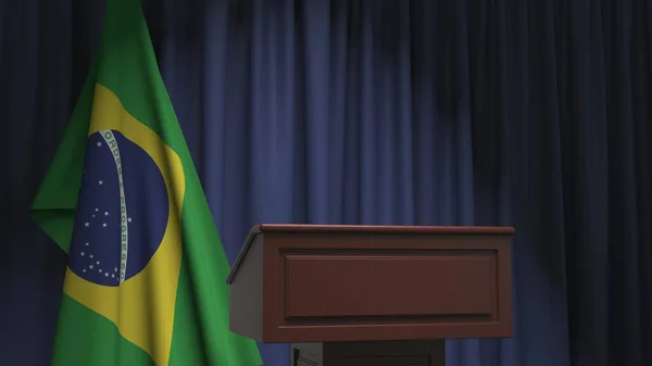 Brezilya bayrağı ve hoparlör tribünü. Siyasi olay veya açıklamayla ilgili kavramsal 3d oluşturma — Stok fotoğraf