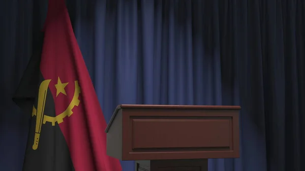 Прапор Анголи і динамічний трибун подіуму. Політична подія або твердження пов'язані концептуальний 3d рендеринг — стокове фото