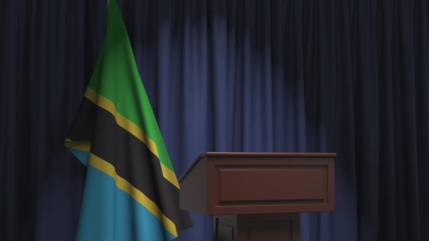 Flag of Tanzania and speaker podium tribune. Political event or statement related conceptual 3D animation — Stock Video