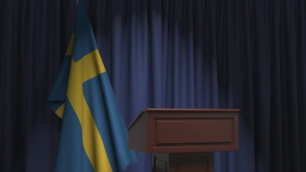 Nationell flagga av Sverige och högtalarpodium tribun. Politisk händelse eller uttalande relaterad begreppsmässig 3D-animation — Stockvideo