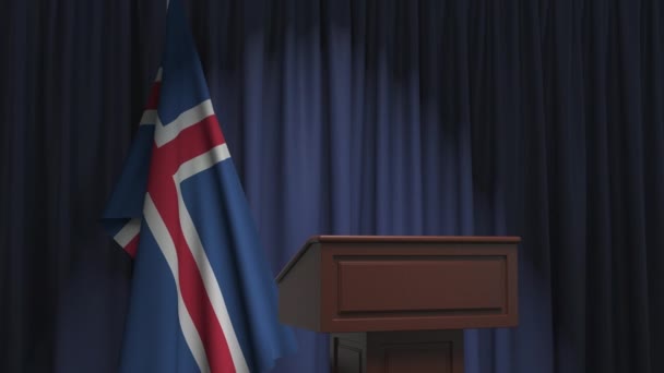Флаг Исландии и трибуна спикера. Политические события или заявления, связанные с концептуальной 3D анимацией — стоковое видео