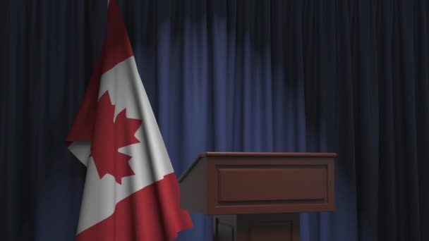 Bandera de Canadá y tribuna altavoz podium. Evento político o declaración relacionada con la animación conceptual 3D — Vídeos de Stock