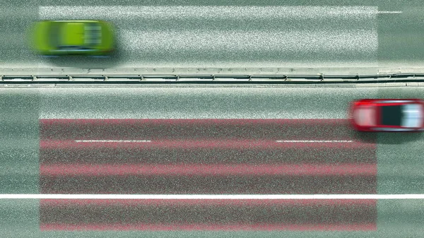 Vista aérea de arriba hacia abajo de los coches que revelan la bandera de Polonia en la carretera. Viajar relacionado con la representación conceptual 3D —  Fotos de Stock