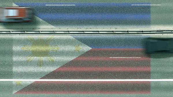 Vista aérea de cima para baixo de carros revelando bandeira das Filipinas na estrada. Viajando relacionado renderização 3D conceitual — Fotografia de Stock