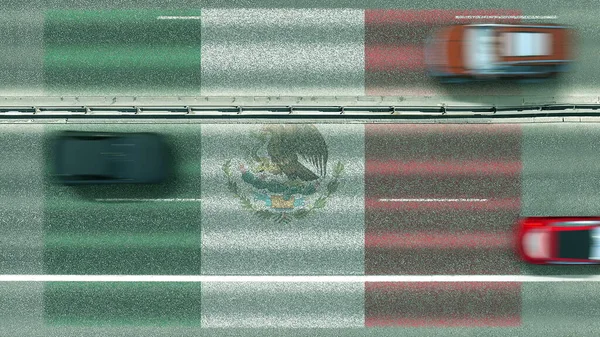 Vista aérea de cima para baixo de carros revelando bandeira do México na estrada. Viajando relacionado renderização 3D conceitual — Fotografia de Stock