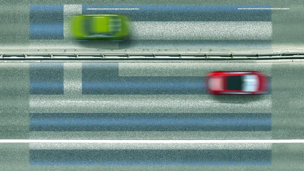 Légi felvétel a görögországi lobogó alatt közlekedő autókról. Utazással kapcsolatos konceptuális 3D-s renderelés — Stock Fotó