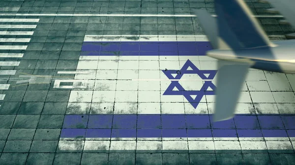 Вид с воздуха на посадочный самолет и флаг Израиля на аэродроме аэропорта. Концептуальный 3D рендеринг — стоковое фото