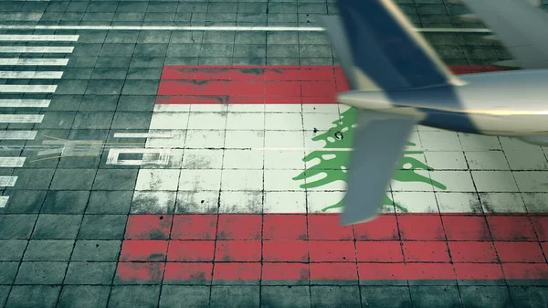 Vista aérea de un avión de aterrizaje y bandera del Líbano en el aeródromo de un aeropuerto. Representación 3D conceptual relacionada con los viajes aéreos —  Fotos de Stock