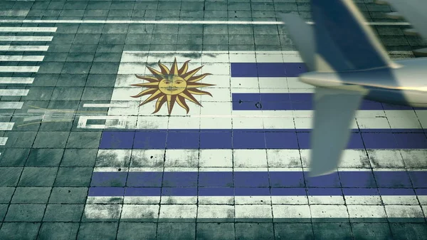 Veduta aerea di un aereo di atterraggio e bandiera dell'Uruguay sul campo d'aviazione di un aeroporto. Rendering 3D concettuale correlato ai viaggi aerei — Foto Stock