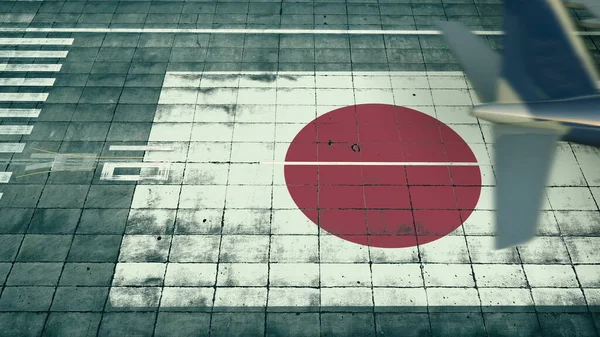 空港の飛行場に着陸機と日本の旗の空中ビュー。航空旅行関連の概念3Dレンダリング — ストック写真