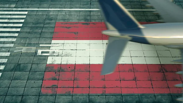 Вид с воздуха на посадочный самолет и флаг Австрии на аэродроме аэропорта. Концептуальный 3D рендеринг — стоковое фото