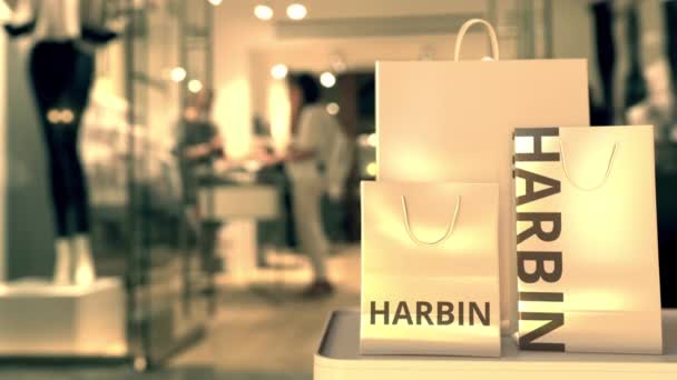 Bolsas con texto de Harbin. Compras en China animación 3D conceptual relacionada — Vídeos de Stock