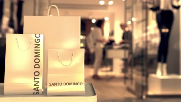 Sacchetti di carta con didascalia Santo Domingo contro l'ingresso sfocato del negozio. Vendita al dettaglio in Repubblica Dominicana relativa animazione 3D — Video Stock