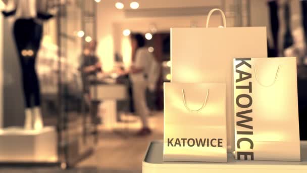 Bolsas con texto de Katowice. Compras en Polonia animación 3D relacionada — Vídeo de stock