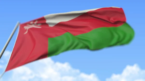 Літаючий національний прапор Оману, вид з низьким кутом зору. 3d рендеринг — стокове фото