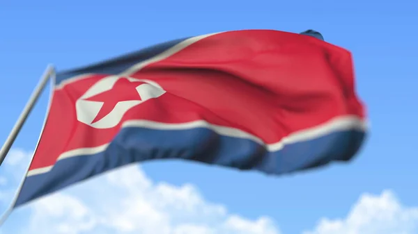 Acenando bandeira nacional da Coreia do Norte, visão de baixo ângulo. Renderização 3D — Fotografia de Stock