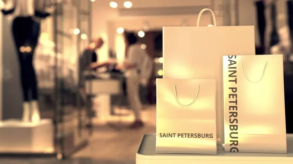 购买带有圣彼得堡标题的购物袋时，店面入口模糊不清。 在俄罗斯购物相关3D渲染 — 图库照片
