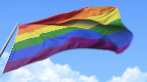 Drapeau de fierté gay arc-en-ciel volant, vue à angle bas. rendu 3D — Photo