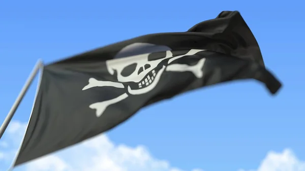 Mávání pirátskou vlajkou Jolly Roger, nízký úhel pohledu. 3D vykreslování — Stock fotografie