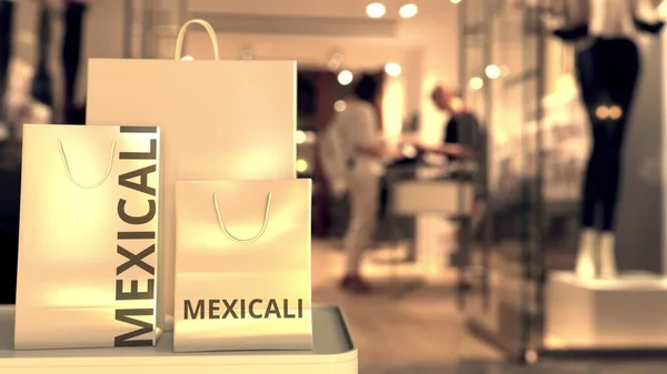 购物袋的墨西哥式标题与模糊的商店入口。 在墨西哥购物相关概念3D渲染 — 图库照片