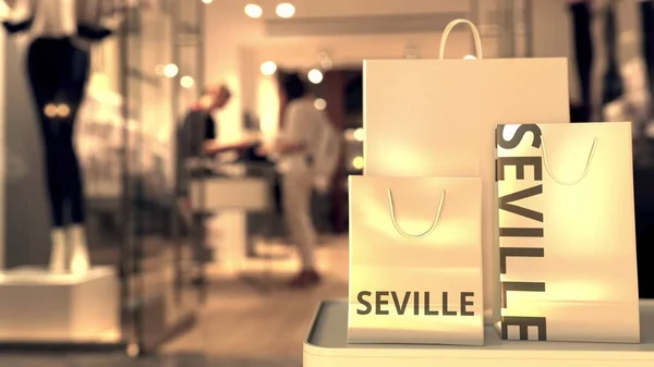 Tassen met Seville tekst. Winkelen in Spanje gerelateerde conceptuele 3d rendering — Stockfoto