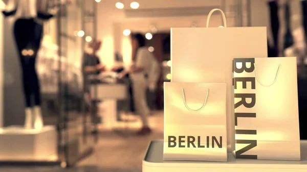 带有柏林文字的购物袋。 在德国购物相关3D渲染 — 图库照片