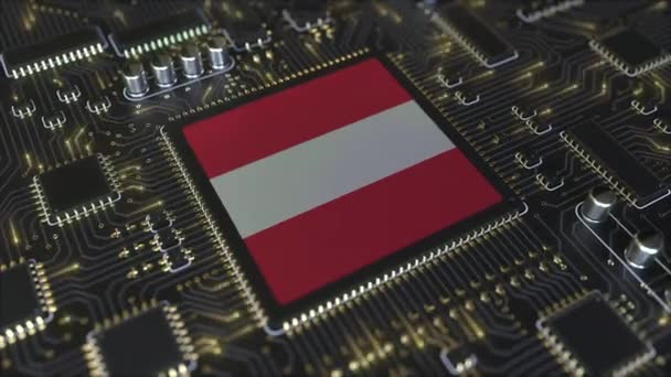Flagge Österreichs auf dem Betriebschipsatz. Österreichische Informationstechnologie oder Hardwareentwicklung im Zusammenhang mit konzeptioneller 3D-Animation — Stockvideo