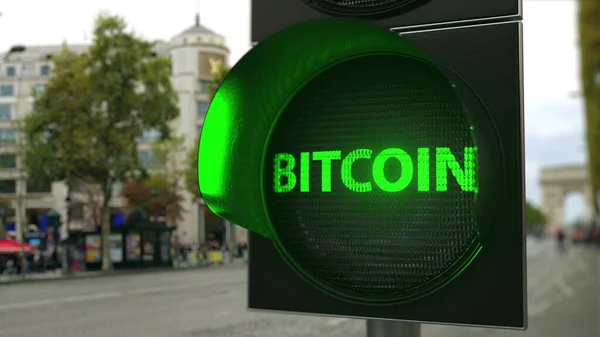 Bitcoin-Wort auf grünes Ampelsignal. Kryptowährungsbezogene konzeptionelle 3D-Darstellung — Stockfoto