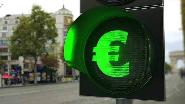 Sinal de Euro no sinal verde do semáforo. Forex renderização conceitual relacionada 3D — Fotografia de Stock