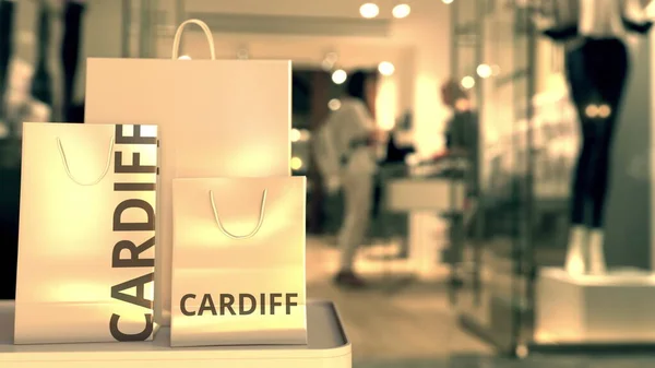 Bolsas con texto de Cardiff. Conducir al Reino Unido relacionado con la representación 3D conceptual —  Fotos de Stock