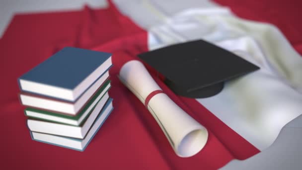 Afstuderen cap, boeken en diploma op de Peruaanse vlag. Hoger onderwijs in Peru gerelateerde conceptuele 3d animatie — Stockvideo