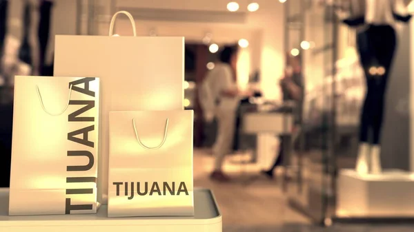 Bags with Tijuana text. Shopping in Mexico related 3D rendering — 图库照片