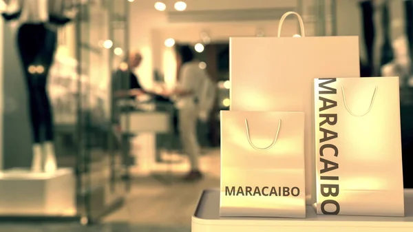 购物袋与马拉开波标题与模糊的商店入口。 在委内瑞拉购物相关3D渲染 — 图库照片