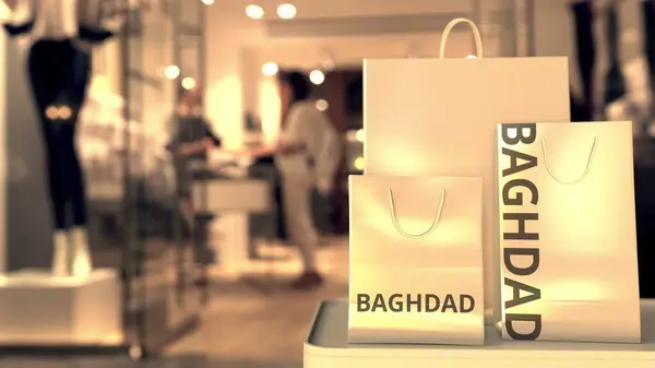 Papieren tassen met Bagdad tekst. Winkelen in Irak gerelateerde 3d rendering — Stockfoto