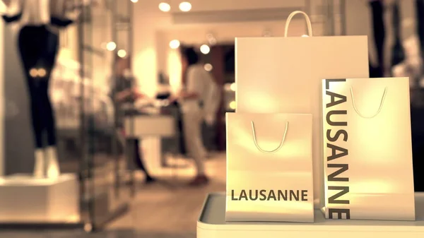 买带有洛桑文字的购物袋 在瑞士购物相关概念3D渲染 — 图库照片
