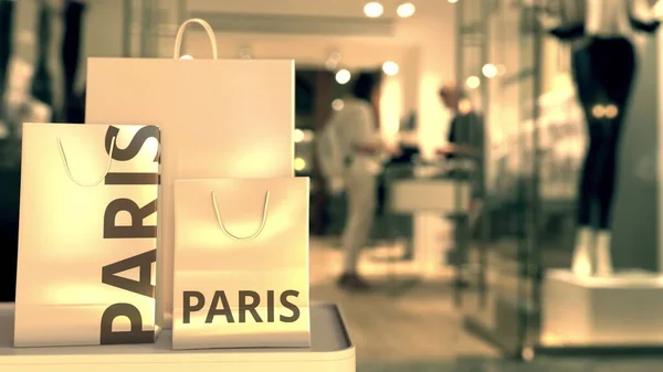 带有巴黎文字的购物袋。 在法国购物相关3D渲染 — 图库照片