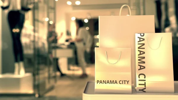 带有巴拿马城文字的购物袋。 在巴拿马购物相关3D渲染 — 图库照片