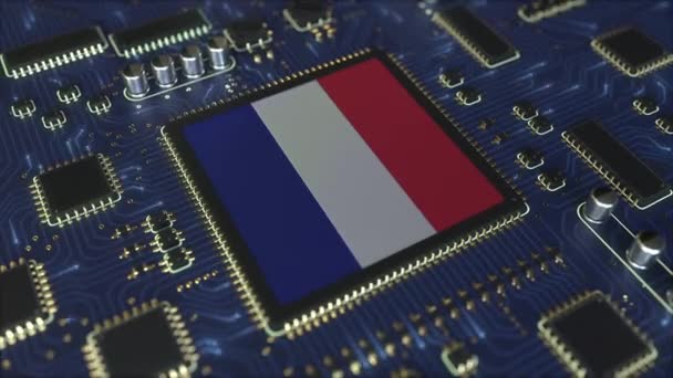 Národní vlajka Francie na operační čipové sadě. Francouzská informační technologie nebo vývoj hardwaru související konceptuální 3D animace — Stock video