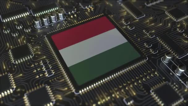 National flag of Hungary on the operating chipset. Hungarian information technology or hardware development related conceptual 3D animation — ストック動画