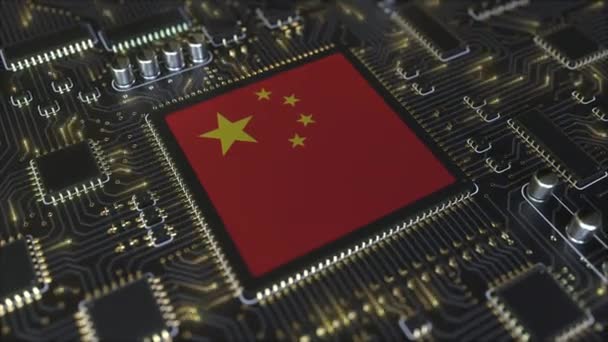 Bendera nasional China pada chipset operasi. Teknologi informasi Cina atau pengembangan perangkat keras terkait animasi konseptual 3D — Stok Video