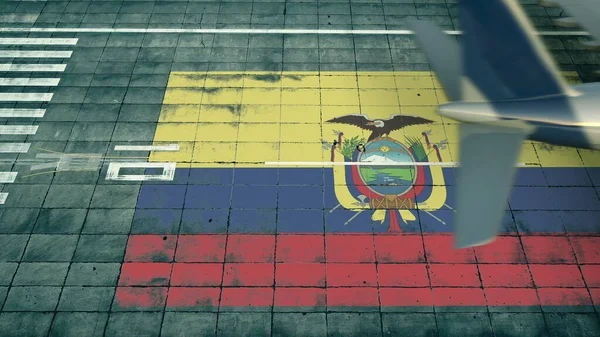 Αεροφωτογραφία αεροπλάνου προσγείωσης και σημαίας του Ισημερινού στο αεροδρόμιο αεροδρομίου. Εννοιολογική 3d απόδοση σχετιζόμενη με αεροπορικά ταξίδια — Φωτογραφία Αρχείου