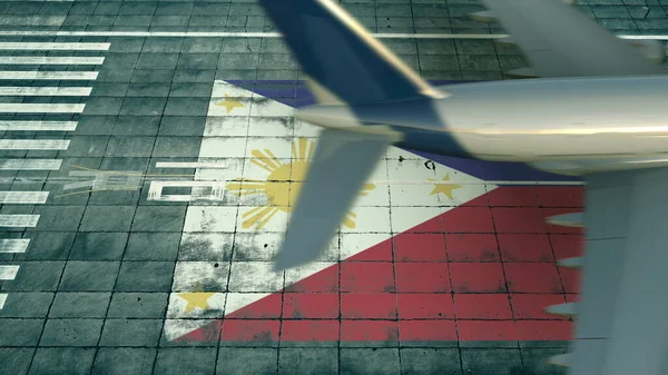 Vista aérea de un avión de aterrizaje y bandera de Filipinas en el aeródromo de un aeropuerto. Representación 3D conceptual relacionada con los viajes aéreos — Foto de Stock