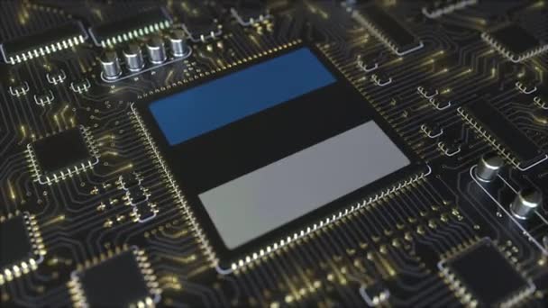 Bandeira nacional da Estónia no chipset operacional. Animação 3D conceitual relacionada com a tecnologia da informação ou o desenvolvimento de hardware estoniano — Vídeo de Stock