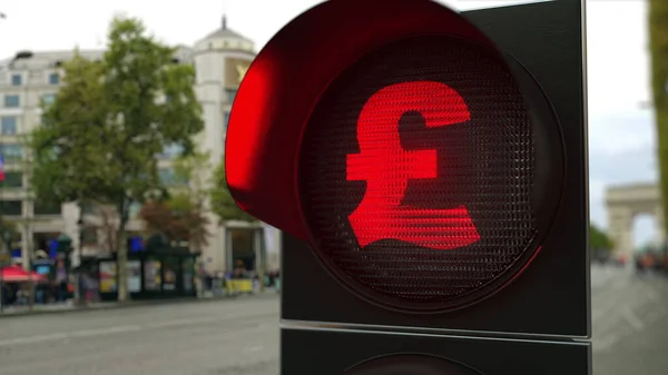 Pfund Sterling-Zeichen auf rotem Ampelsignal. Devisenbezogene konzeptionelle 3D-Darstellung — Stockfoto