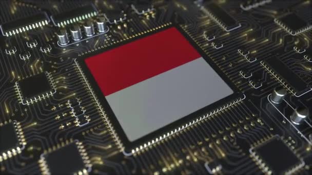 National flag of Indonesia on the operating chipset. Indonesian information technology or hardware development related conceptual 3D animation — ストック動画