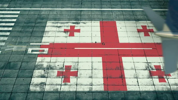 Luftaufnahme eines landenden Flugzeugs und einer georgischen Flagge auf dem Flugplatz eines Flughafens. Luftfahrt bezogene konzeptionelle 3D-Darstellung — Stockfoto