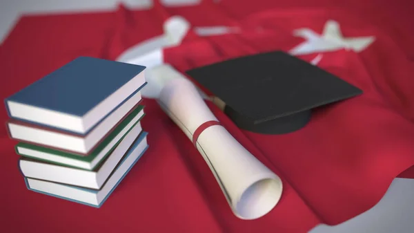 Ballagási sapka, könyvek és oklevél a török zászlóról. Felsőoktatás Törökországban kapcsolódó konceptuális 3D-s renderelés — Stock Fotó