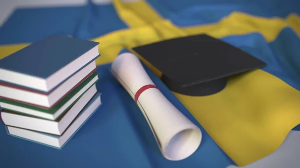 Випуск кашкету, книг і дипломів на шведському прапорі. Вища освіта в Швеції пов'язує концептуальний 3d рендеринг — стокове фото