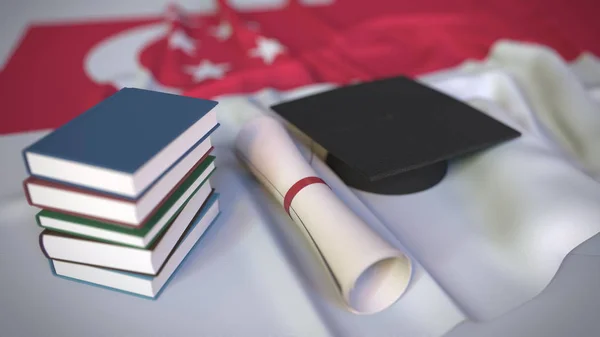 Berretto di laurea, libri e diploma sulla bandiera di Singapore. Istruzione superiore a Singapore relativo rendering concettuale 3D — Foto Stock